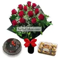 12 Red Roses Bunch And Half Kg Chocolate Cake, 16 Ferrero Rocher Chocolates